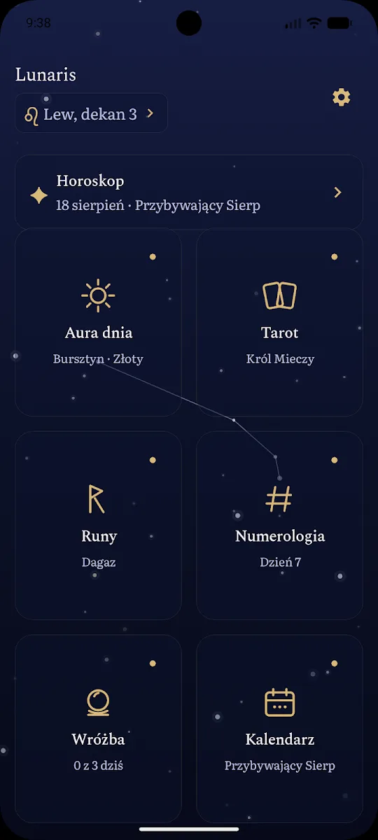 Lunaris Oraculum home screen: Horoscope, Daily Aura, Tarot, Runes, Numerology, Divination and Calendar tiles