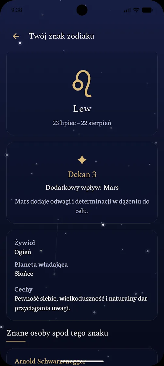 Your zodiac sign screen with decan, element and ruling planet